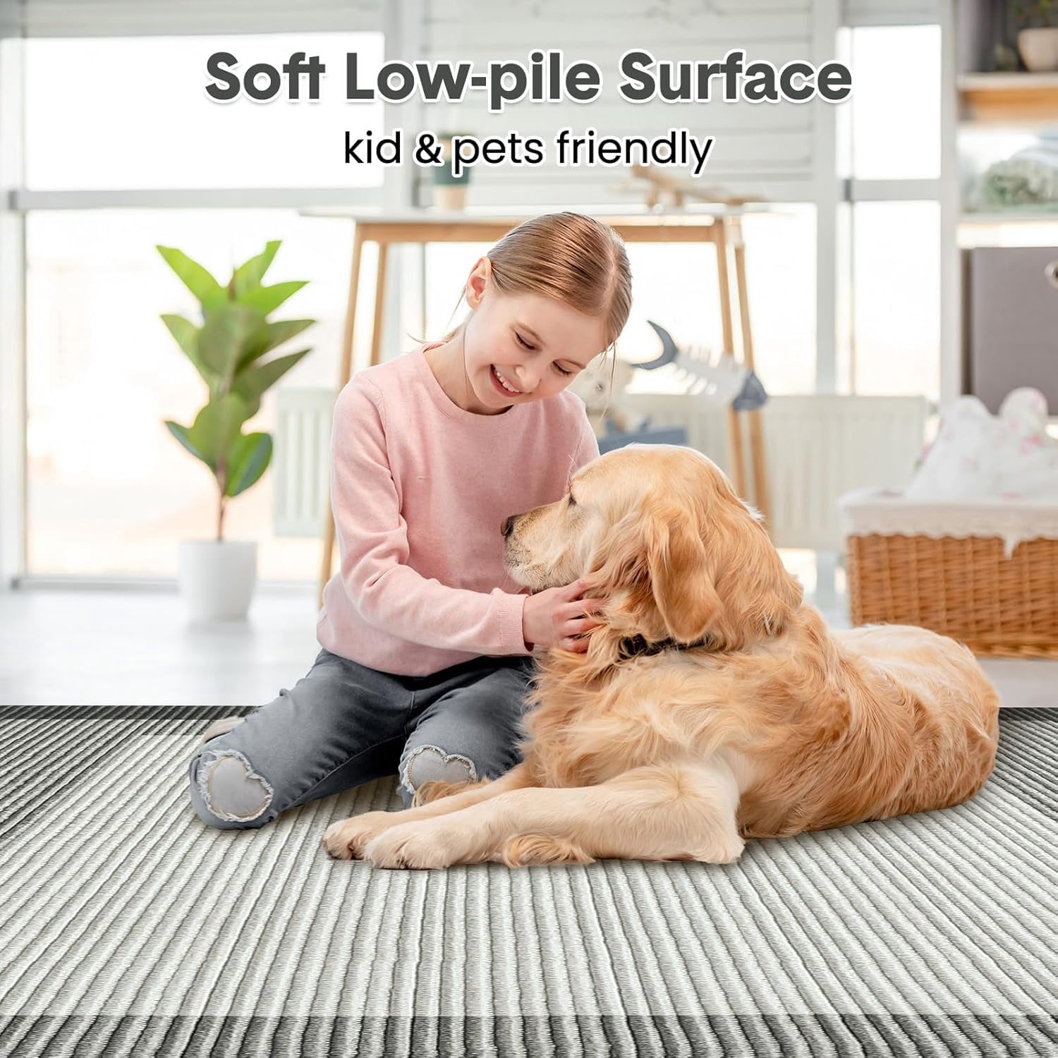 9x12 Area Rug Washable Rug Solid for Living Room, Large Non-Slip Non Shedding Bordered Modern Neutral Rug, Low Pile Foldable Printed Nursery Carpet for Bedroom, Dining Room, Black/Gray