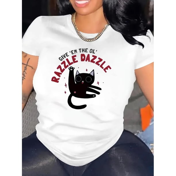 Camiseta De Mujer Camiseta De Verano Para Mujer Para Viajes En La Calle Trabajo1pc Women's Casual Round Neck Short Sleeve T-Shirt with Cute Cat Graphic, Polyester Knit Fabric, Animal Pattern, Comfor