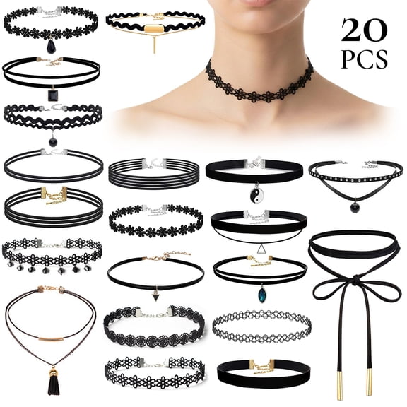 20 Pcs Black Velvet Choker Necklace Set for Women, Vintage Classic Gothic Tattoo Lace Choker, Adjustable Fashion Jewelry Set for Costume Cosplay Party Birthday Gift