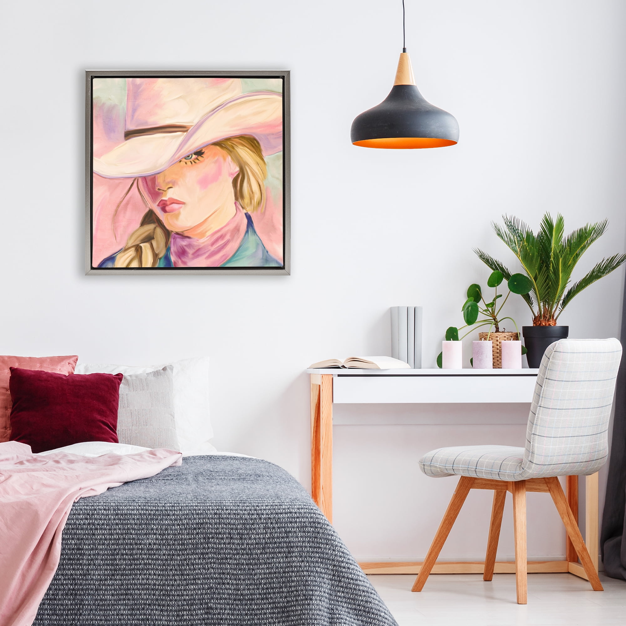 Pastel Cowgirl Gaze Beneath Hat Gray Framed Floater Canvas Wall Art, design by Kim Allen