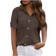 thumbnail image 5 of Juslio Women Turndown Collar Button Tops Double Pocket Comfortable Loose Brown Short Sleeve Shirts, 5 of 7