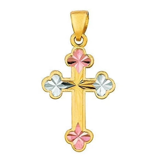 JewelStop 14k 2 Tone Gold Pave Diamond-Cut Cross Pendant
