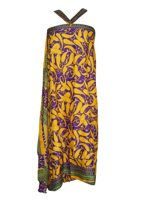 Mogul Magic Wrap Skirt Yellow Paisley Print Premium Silk Sari Two Layer Reversible Sarong Dress