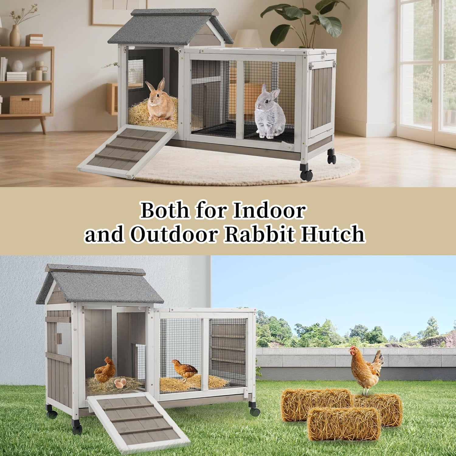 Petscosset Rabbit Hutch Indoor - Rabbit Cage Indoor Rabbit Hutch Two Story Bunny Cage Fir Wooden Rabbit Cage On Wheels, Ramp, Two Deep No Leak Indoor Rabbit Hutch with Pull Out Tray