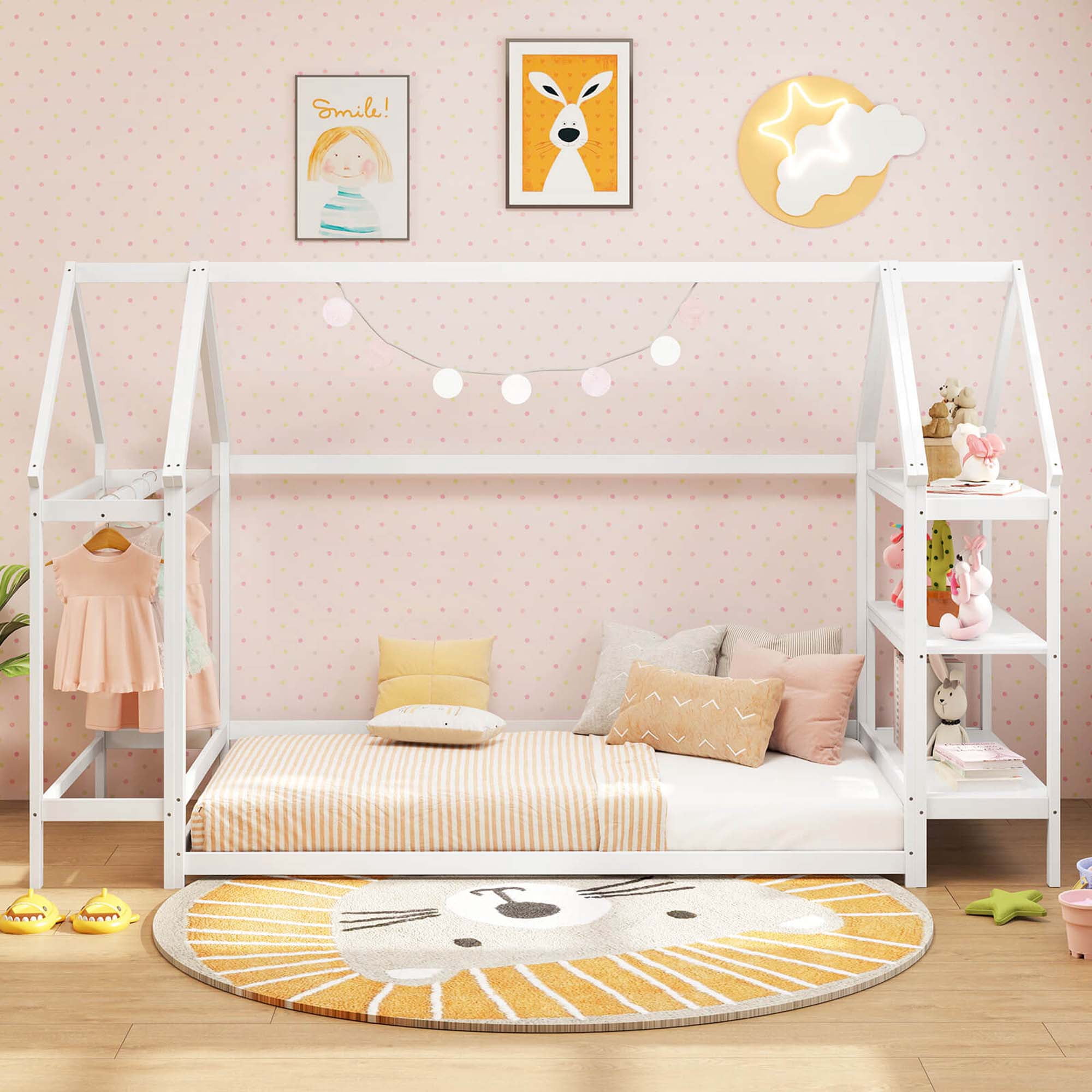 Costway Twin Size House Bed Montessori Floor Bed with Detachable Storage Shelves White