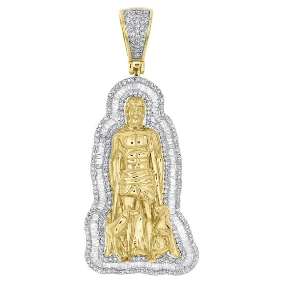10K Yellow Gold Baguette Diamond Men's St Lazaro Pendant Statement Charm 1.33 CT