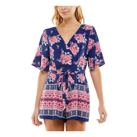 TRIXXI Womens Navy Zippered Belted Tie U-back Printed Flutter Sleeve Surplice Neckline Wide Leg Romper Juniors XL