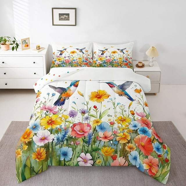 Erosebridal Spring Graden Bedding Sets Full with Comforter,Wildlife Hummingbird Duvet Insert,Floral Decor,Reversible,Super Cozy,3 Pieces