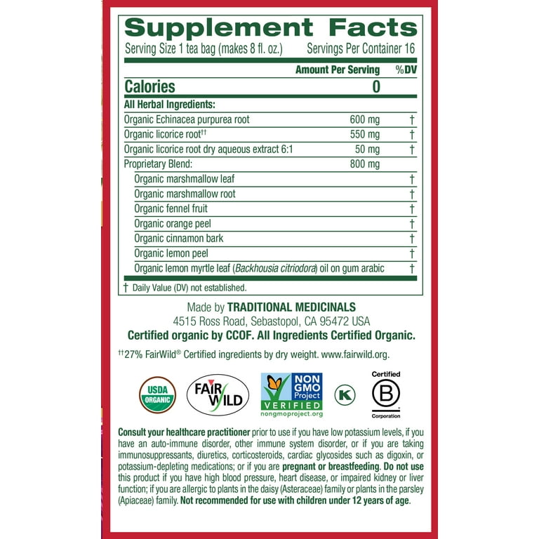 Traditional Medicinal Throat Coat Lemon Echinacea, Organic Tea Bags, 16 Count