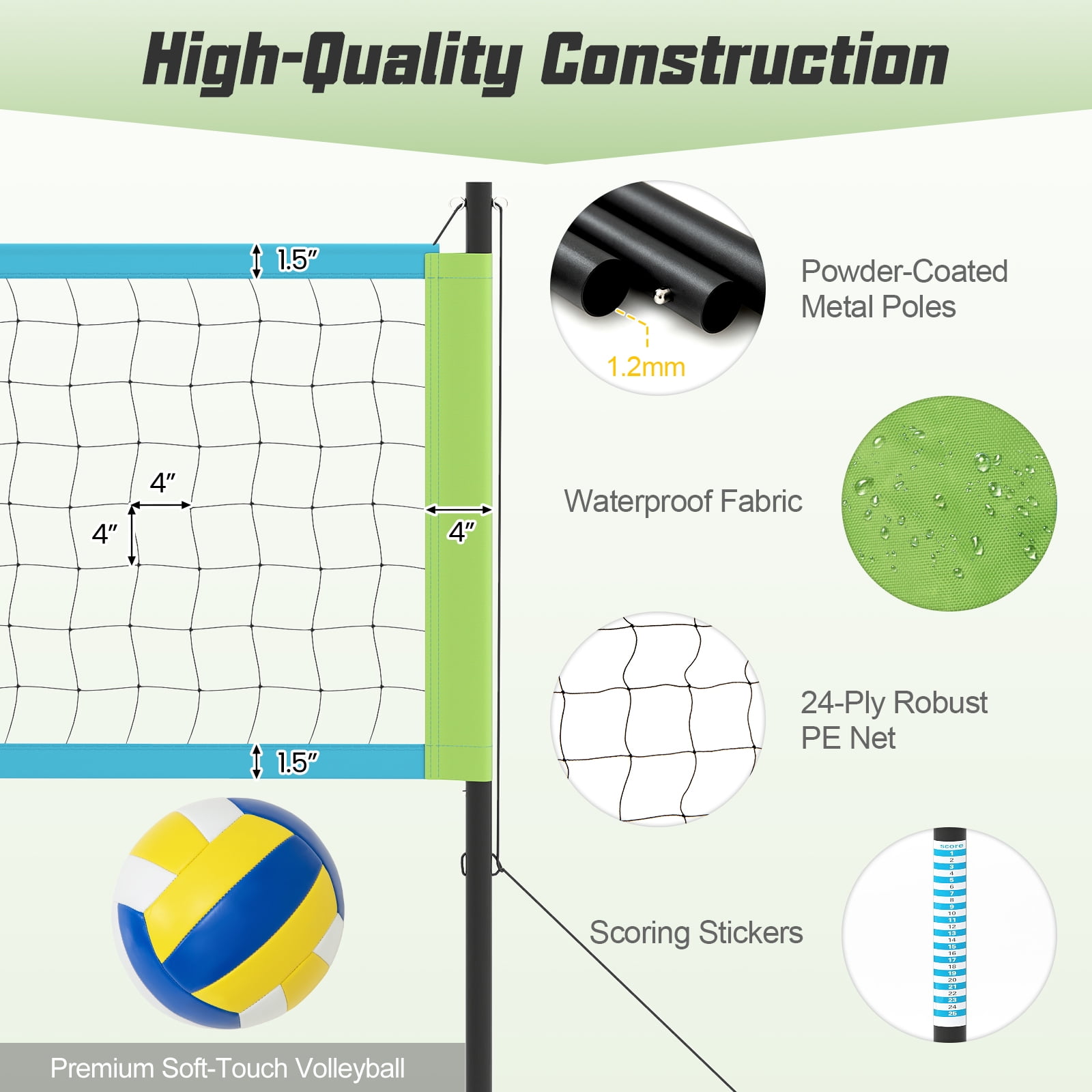 Gymax Portable Outdoor Volleyball Net Set Height Adjustable Poles Anti-Sag Green