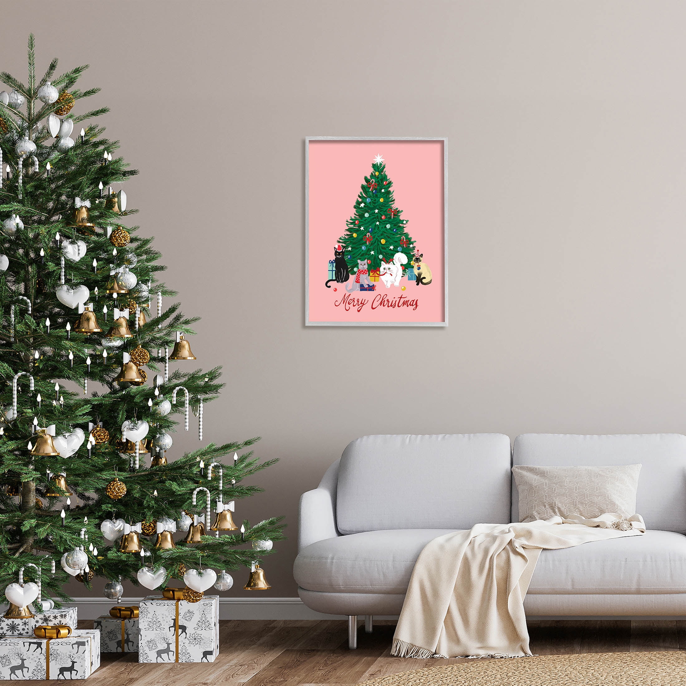 Merry Christmas Holiday Cats Holiday Graphic Art Gray Framed Art Print Wall Art
