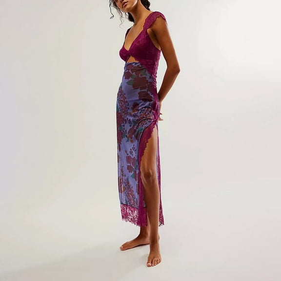 Sakmal Long Sun Dresses for Women 2024 V-Neck Purple Lace Sexy Floral Sleeveless Cutout Fit & Flare Dress