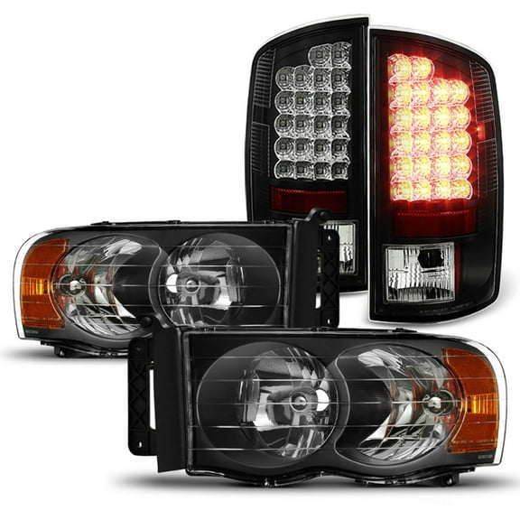 AKKON - Fits 2002 2003 2004 2005 Dodge Ram 1500/ 2500/ 3500 Pickup Black Headlights   Blk LED Tail Brake Lamp Pair Left Right