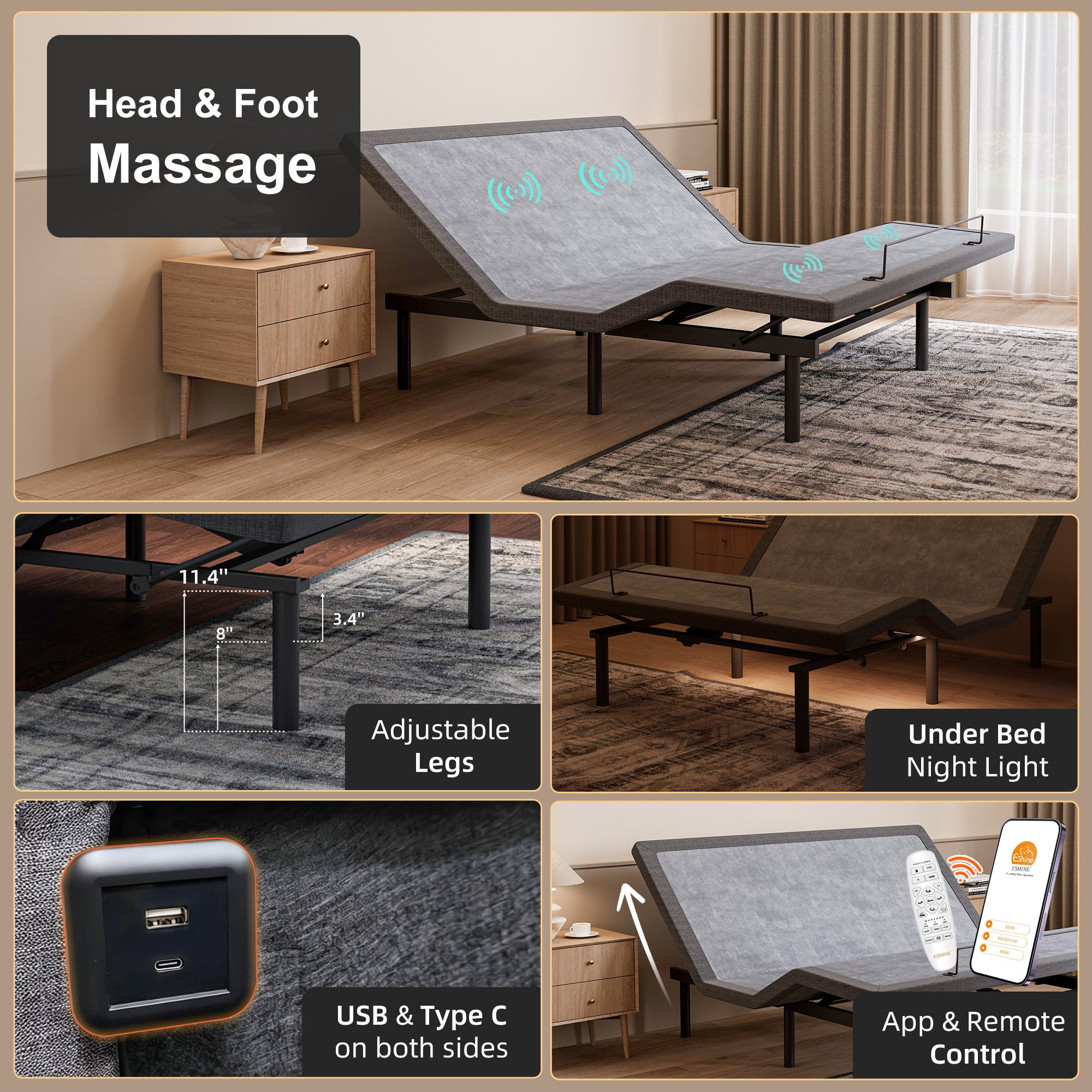 ESHINE Adjustable Bed Frame Twin XL, Upholstered Base with Massage, Wireless Remote, USB Ports, Under Bed Lighting, Grey, 3100 Series
