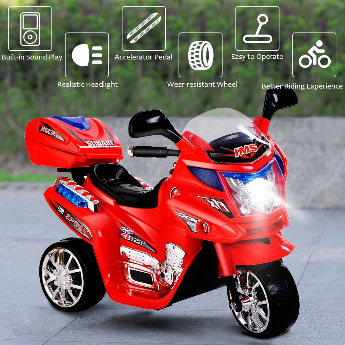 Costway Kids Ride On Motorcycle 3 Wheel 6V Battery Powered Electric Toy Power Bicycle Red