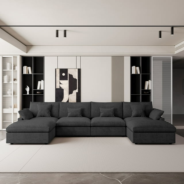 The Magic Home Canapé Sectionnel Modulaire en Lin en Forme de U à 4 Places, Noir