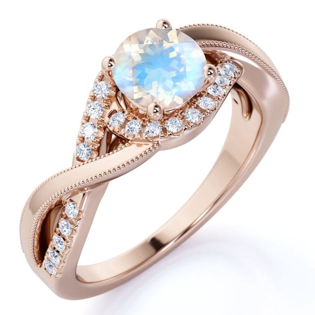 JeenMata Anillo de Compromiso con Diseño Único de Infinito de Piedra Lunar y Moissanita de Corte Redondo de 1,5 Quilates en Oro Rosa de 18 K sobre Plata