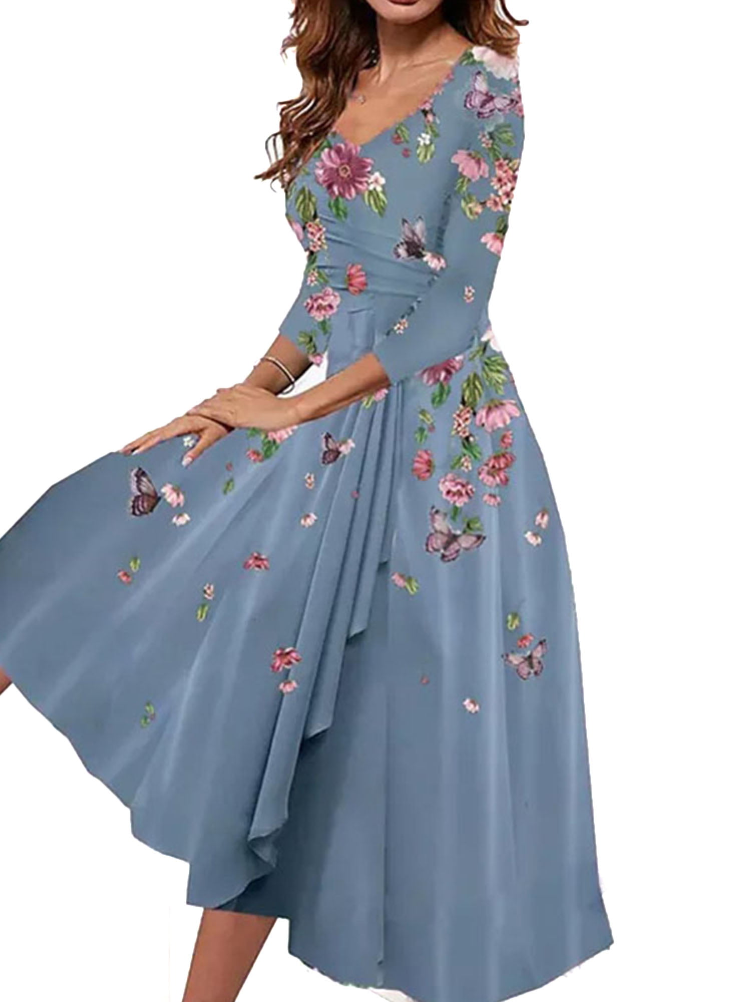 ZNU Plus Size Womens Floral V-Neck Midi Dress Ladies 3/4 Sleeve Party ...