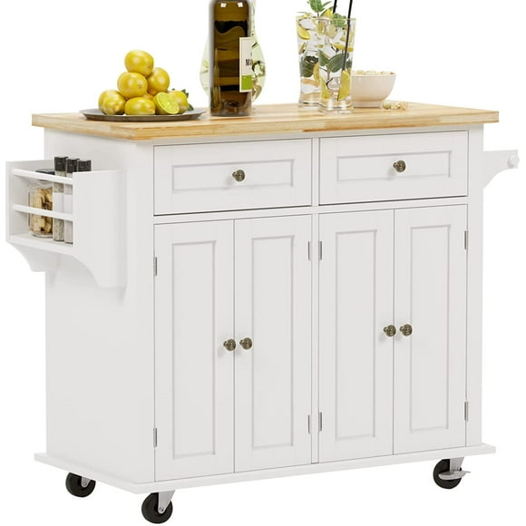 Soges Îlot de Cuisine 35 Pouces Chariot Îlot Roulant avec Roulettes Verrouillables, Chariot de Rangement à Dessus en Bois Brun Blanc