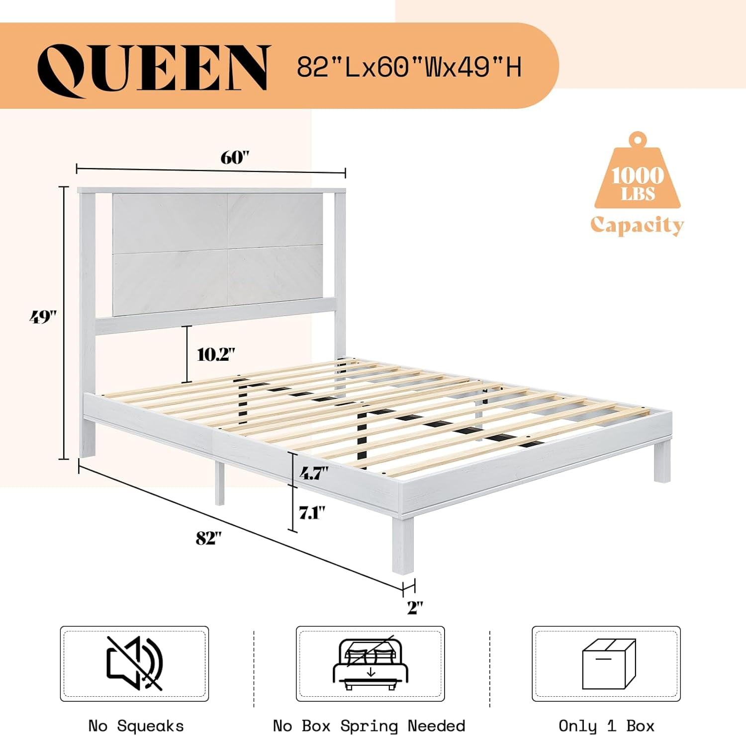 LUXOAK Solid Wood Queen Size Bed Frame with Easy Assembly & Storage Space, Antique White