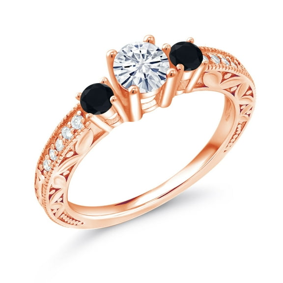 Gem Stone King 18K Rose Gold Plated Silver Black Onyx Ring with Moissanite (0.83 Ct) (Size 6)