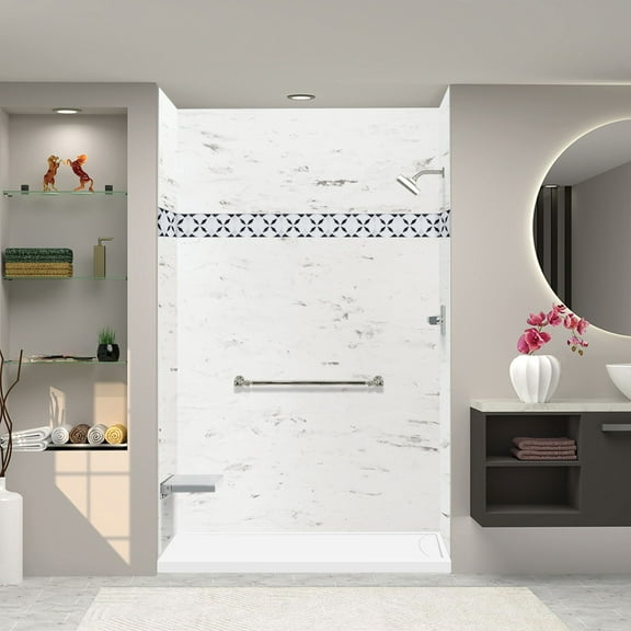 Transolid FSL6036R-01 60-in x 36-in Cast Solid Surface Low Profile Shower Base with Linear Concealed Right Hand Drain, White