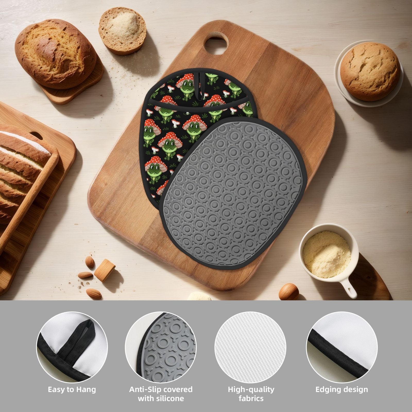 Naloa Frogs In Mushroom Hats Silicone Pot Holders, Oven Mitts Heat Resistant Hot Pads, Non Slip Pot Holder for Kitchen Baking and Cooking 9.4 x 7.5 Inches