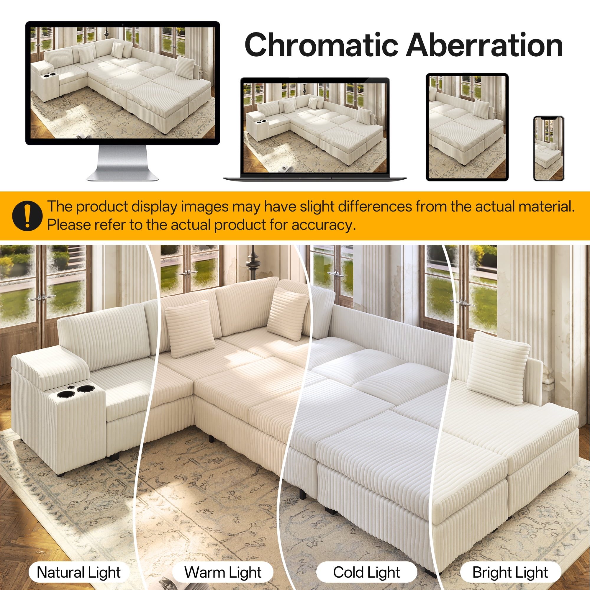ShiKeyi 110" L Shaped Sectional Sofa Set, Convertible Sleeper Sofa with Pull Out Bed, Corduroy Fabric Sleeper Sofa with Ottoman, Hidden Armrest Storage, Cup Holders & USB Charging Ports, Beige