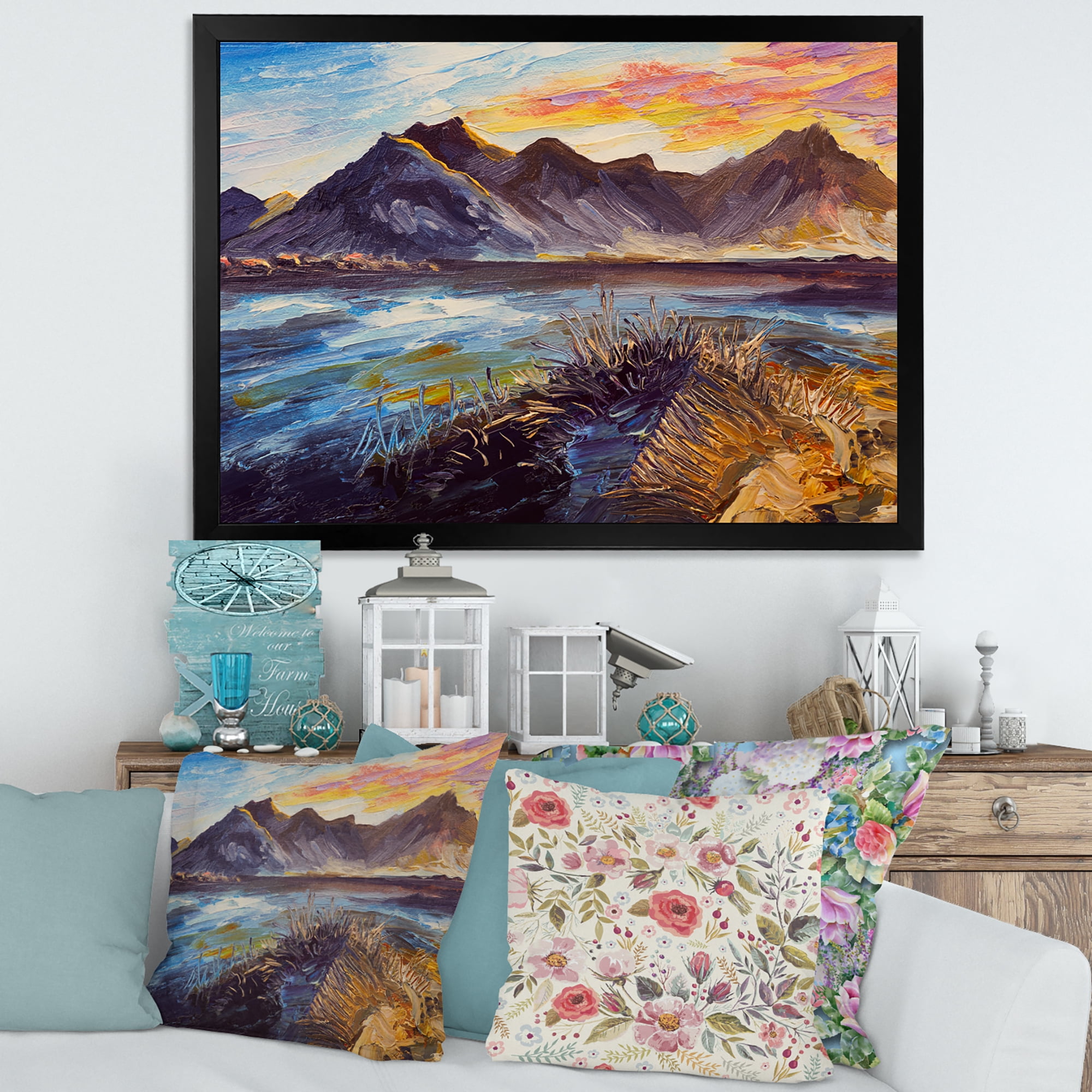 Designart 'Impression Pink Sunset Over The Mountains By The Sea' Nautical & Coastal Framed Art Print