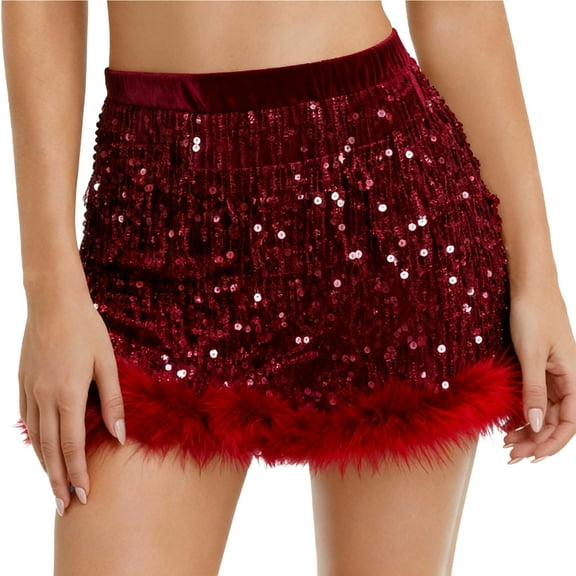 Girls Sequin Fringe Skirts Fuzzy Trim Elastic Waist Elegant Bodycon Pencil Skirts Dance Party Club Red, 6-7Y