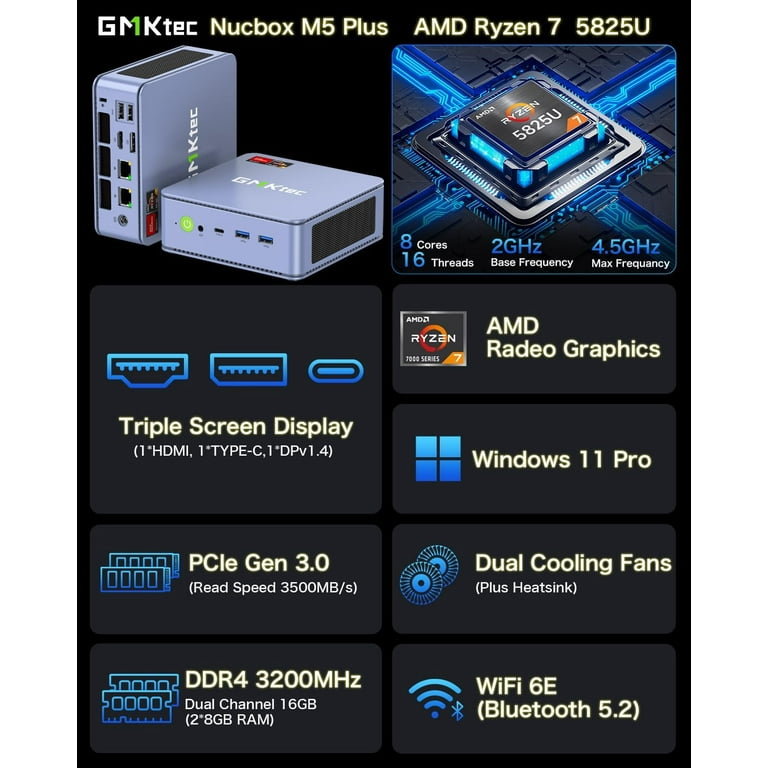 GMKtec Gaming Mini PC, AMD Ryzen 7 5825U 4.5GHz, 16GB RAM, 512GB