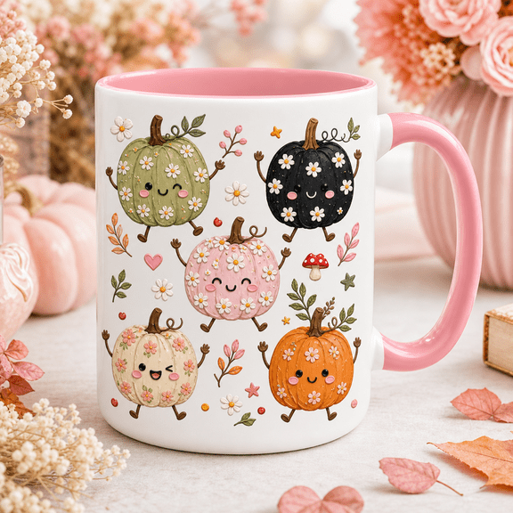Thanksgiving Coffee Cup Floral Pumpkin Friends Ceramic Mug for Coffee and Tea Gift