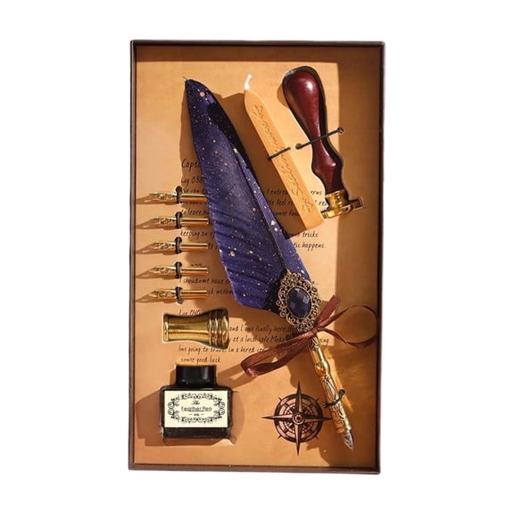 JOGZMZ Feather Pen and Ink Set with 5 Replacement Nibs, Wax Seal , Pen Stand for Calligraphy Writing