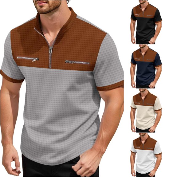 CAIVO Polo Shirts For Men Stylish Color Plaid Short Sleeve Shirt With Half Zip Stand Collar And Zippered Pocket Lapel Classic Fit Golf Tops For Vacation , XL