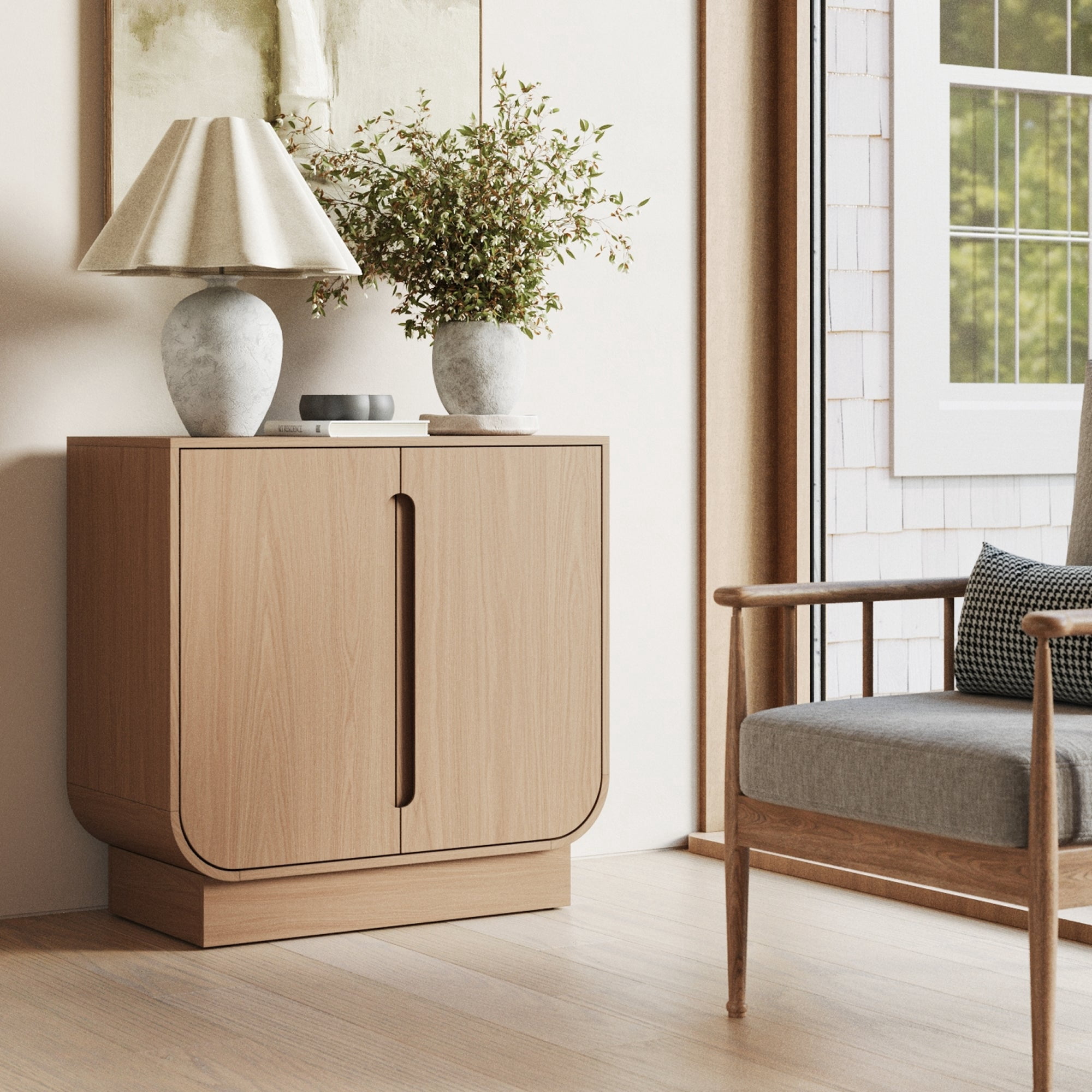 Nathan James Joey Mid Century Modern Storage Cabinet, Arched Accent Cabinet with Rounded Bottom Edges and Integrated Door Pull Cutouts, Raw Oak