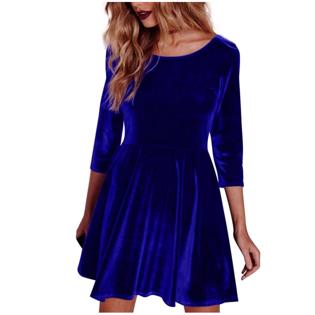 cfhntfmh Robes d'Automne pour Femmes Velours Confortable Col Rond T-Shirts Amples Robe Décontractée Manches 3/4 Robe Mini Unie