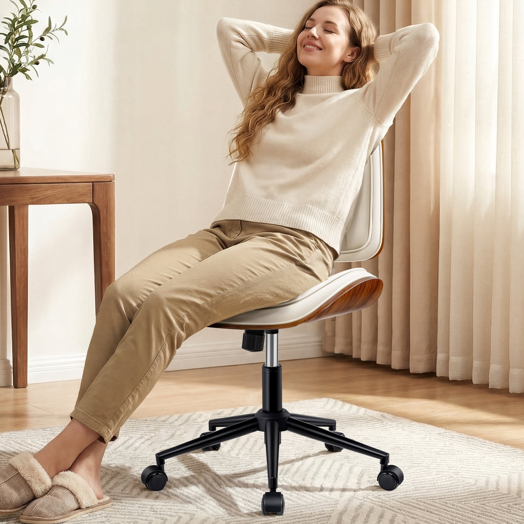 COOLHUT Home Office Chair, Armless Adjustable Height Small Office Desk Chair, PU Leather Swivel Computer Chair, Modern Walnut Bentwood Chair for Office, Reading, Makeup Vanity, Creamy White