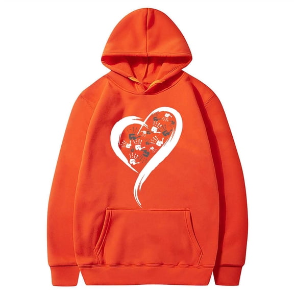 SYMOID Womens Orange Pullover Hoodie - 100% Polyester, Heart & Handprint Graphic, Kangaroo Pocket, Cozy for Fall Winter, Adjustable Drawstring (S-XL),Size S