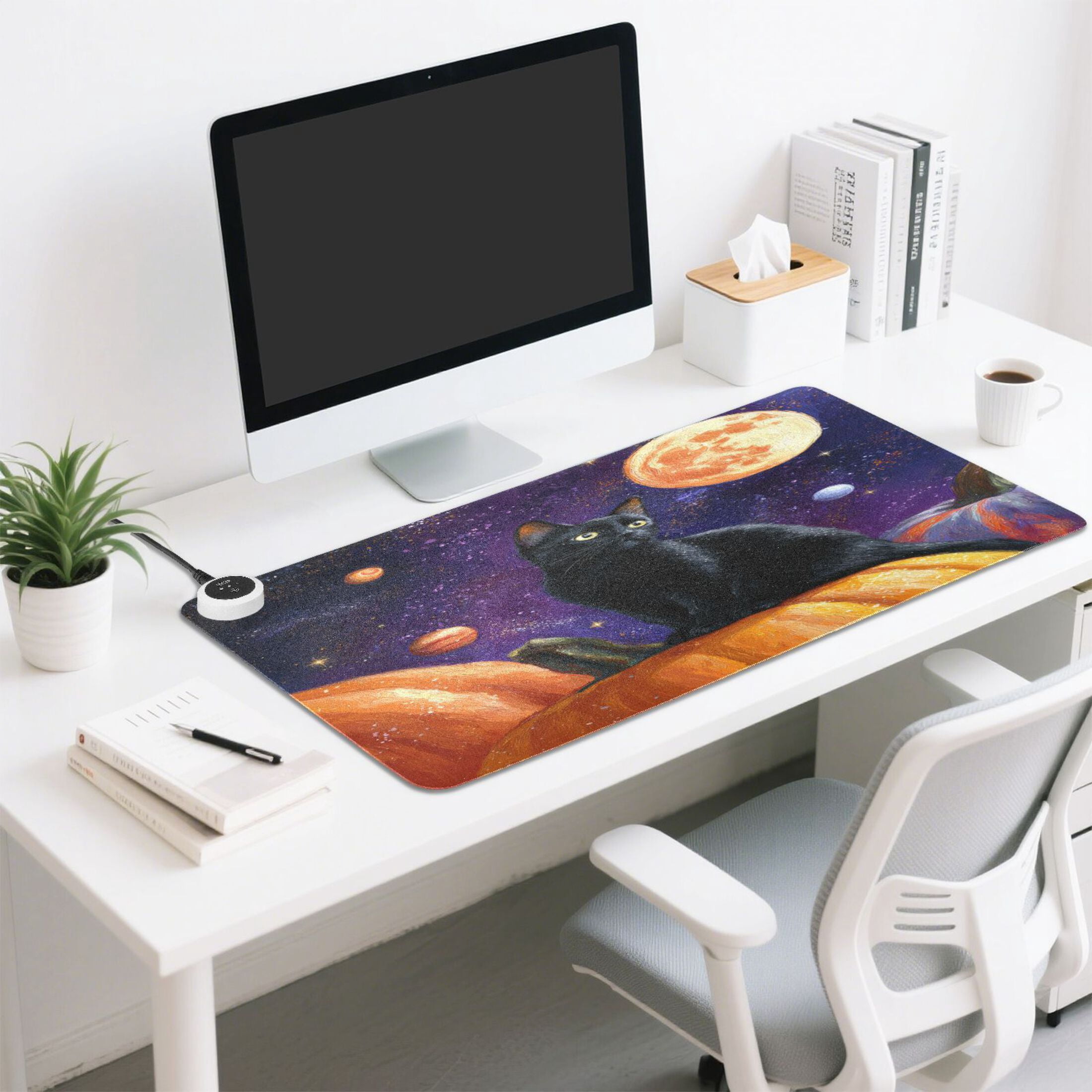 Large Heated Desk Mat Mouse Pad 31.5"x13"PU Leather Graphene Heating Desk Warmer with 3 Temperature Settings 110V US Plug Non-Slip Warm Pad for Home, Office, and Gaming Black Cat Pumpkin and Planet