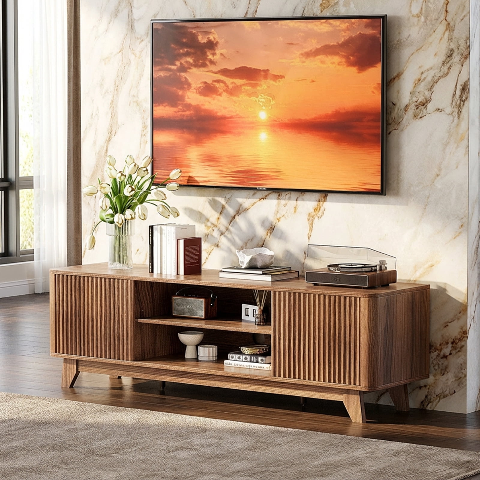 Ktaxon Modern TV Stand for 55/60/65 Inches TVs, 58" Television Media Console Wood Entertainment Center with 2 Fluted Doors & Adjustable Shelves for Living Room, Bedroom, Home, Walnut