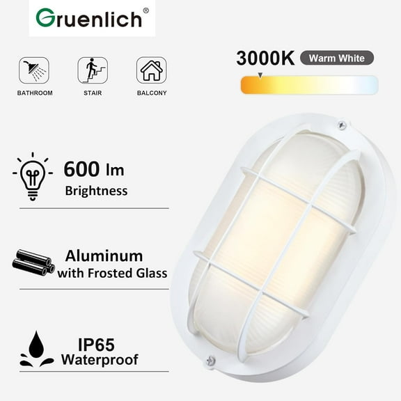 TRA-8.5'' Oval Outdoor Wall Lights, Dimmable LED Bulkhead Light, Sauna & Exterior Lighting, ETL Rated, 6W 600 Lumen, 3000K Warm White, White Cast Aluminum, Wall/Ceiling Mount, 1-Pack
