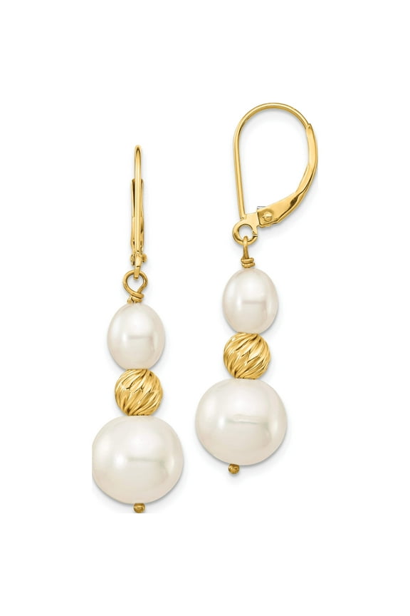 14K Yellow Gold 6-10mm White Freshwater Cultured Pearl D/C Bead Leverback Earrings Made In Canada xf723e