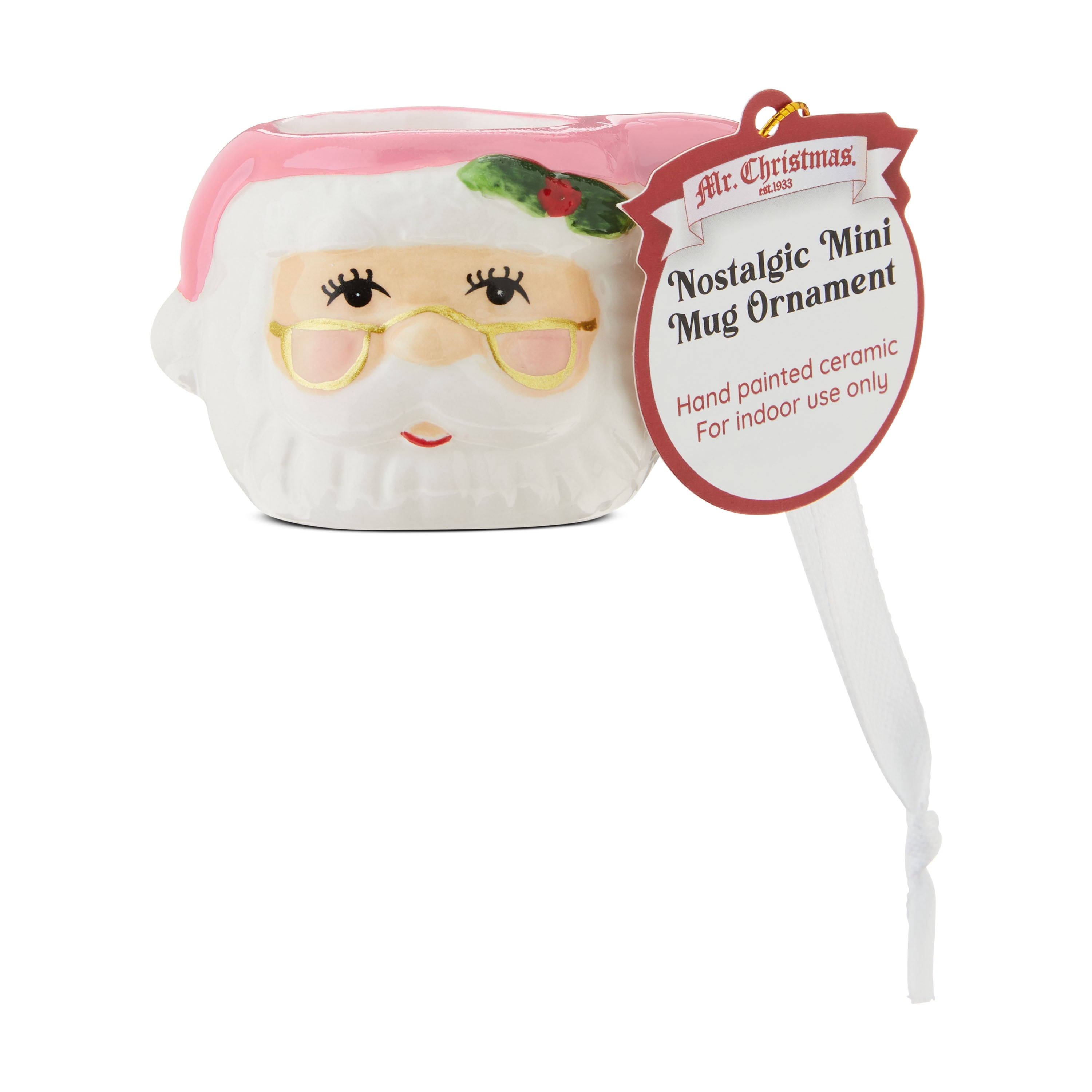 Mr. Christmas Miniature Santa Mug Hanging Ornament Decoration, Pink, 1.45"