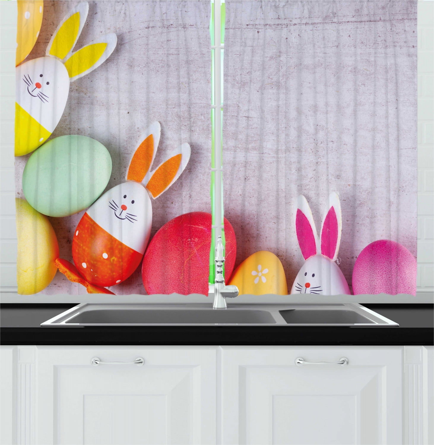 Easter Bunny Curtains 2 Panels Set, Cute Dyed Colorful Eggs with Rabbit ...