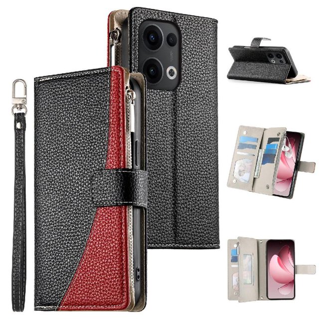 Funda cartera GANGXUN para OPPO Reno 13 , cuero PU con tarjetero, cremallera, correa de mano, soporte y protección 715°