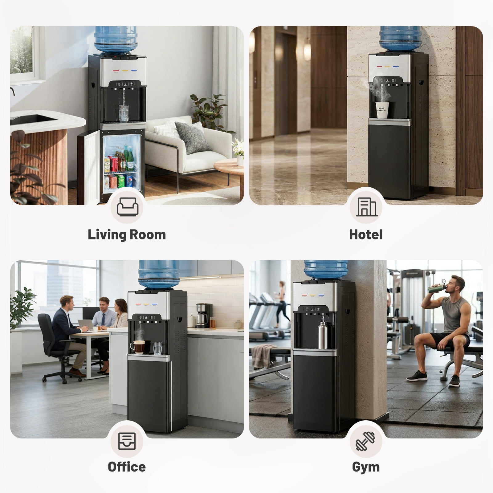 UMOMO 4-in-1 Water Cooler Dispenser with Freezer Cabinet, Hot & Cold & Room Temperature Top Loading Water Cooler for 3–5 Gallon Bottles, Child Safety Lock, Water Dispenser for Home, Office, Black