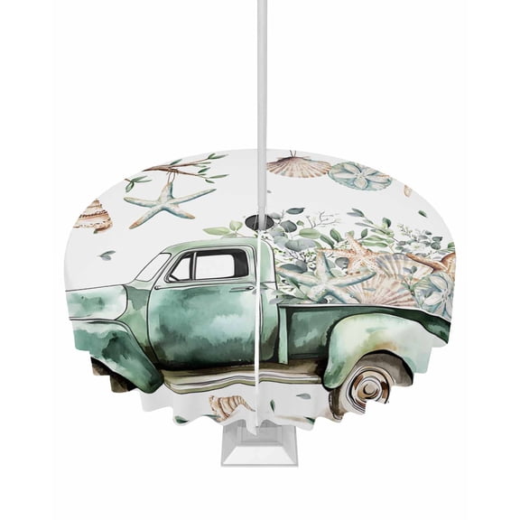 Fsddascl Ocean Eucalyptus Outdoor Tablecloth - 54 Inch Round Dining Table Cover, Spring Green Truck Coastal Starfish Leaf Waterproof Outdoor Table Cloth with Umbrella Hole & Zipper for Picnic/Patio