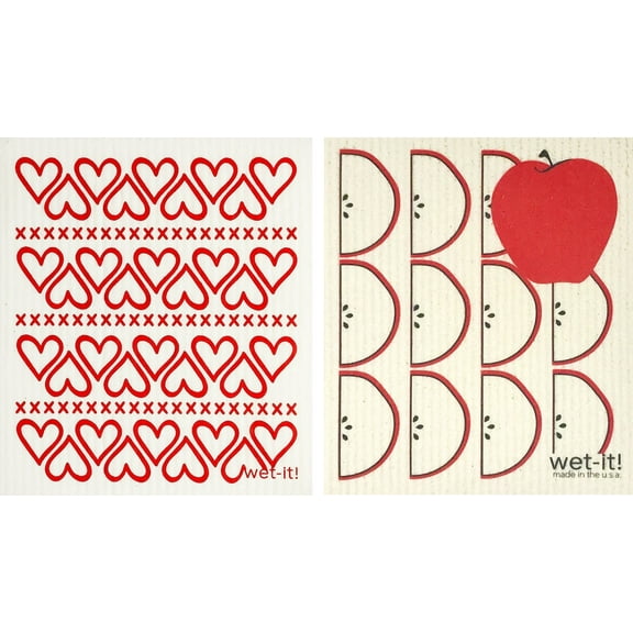 Wet-It! Swedish Treasures Dishcloth & Cleaning Cloth - Set of 2 - Hearts & Apple Slices- (Paper Towel Replacement)