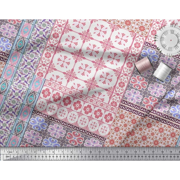 Soimoi Georgette Viscose Fabric Check & Damask Patchwork Decor Fabric Printed Yard 42 Inch Wide