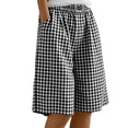 thumbnail image 3 of QATAINLAV Long Shorts for Women Cotton Linen Knee Length Plaid Bermuda Shorts Elastic Waist Wide Leg Summer Beach Shorts Black XXL, 3 of 10